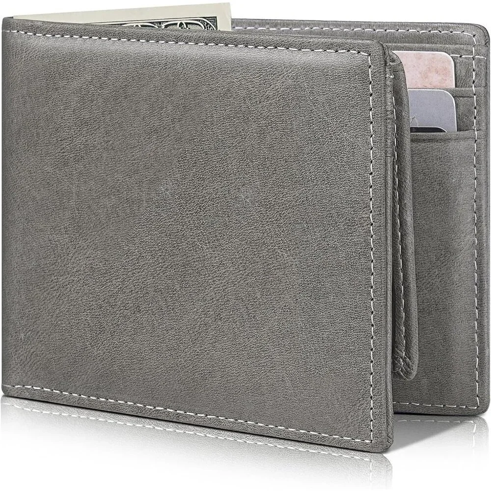 Men's Classic Bifold Wallet Card Gray Style Genuine Leather 2 Cash Pockets